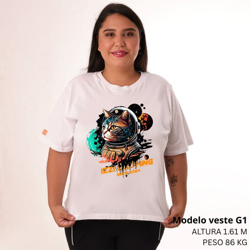 Camiseta Feminina Plus Size Premium Branca Astro Cat