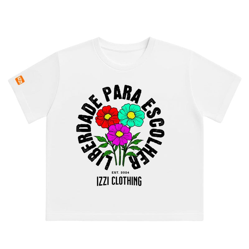 Camiseta Feminina Plus Size Premium Branca Flores