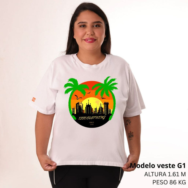 Camiseta Feminina Plus Size Premium Branca Miami Sunset