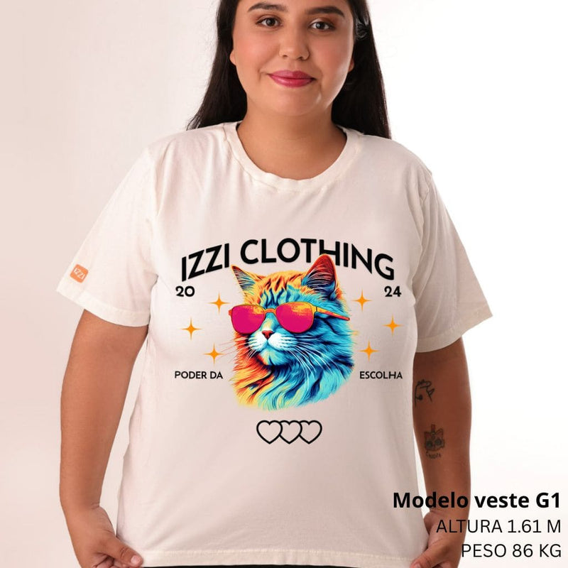 Camiseta Feminina Plus Size Premium Off White Casual Cat