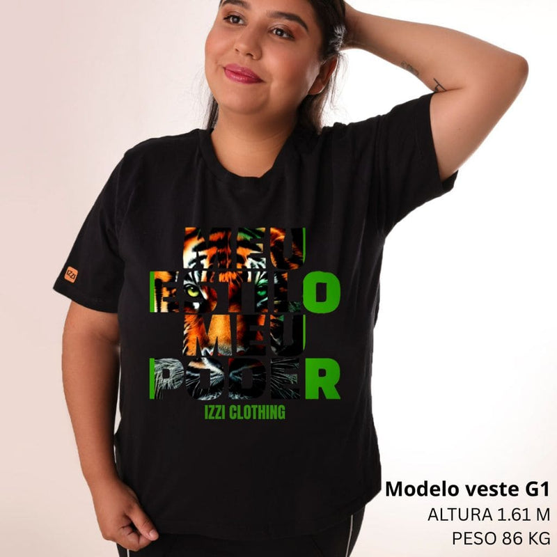 Camiseta Feminina Plus Size Premium Preta Tigre Estilo